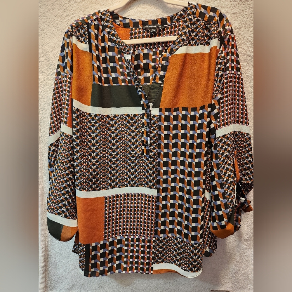 Women’s Zac & Rachel Top 3X Black Brown Pullover Blouse Geometric Print Roll Tab